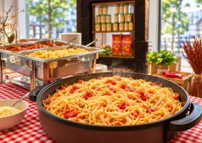 Pasta-Buffet mit Spaghetti in Tomatensauce und Chafing Dishes beim kulinarischen Abend im Reformhaus Lichius